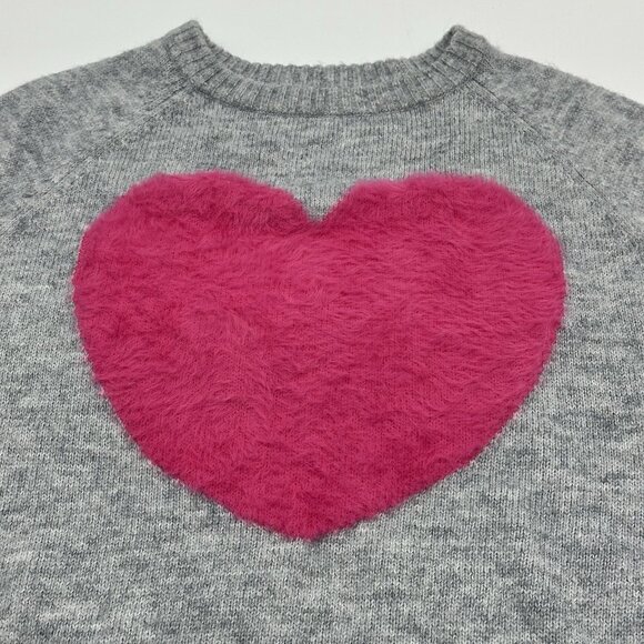 Old Navy Size Large Gray Fuzzy Pink Heart Cropped Crew Neck Pullover Sweater NWT - Picture 5 of 13